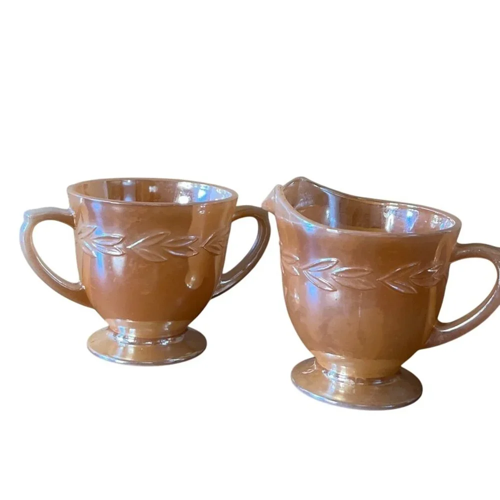 Vintage Fire-King Peach Lustre Creamer & Sugar Set With Laurel Pattern - Picture 3 of 8